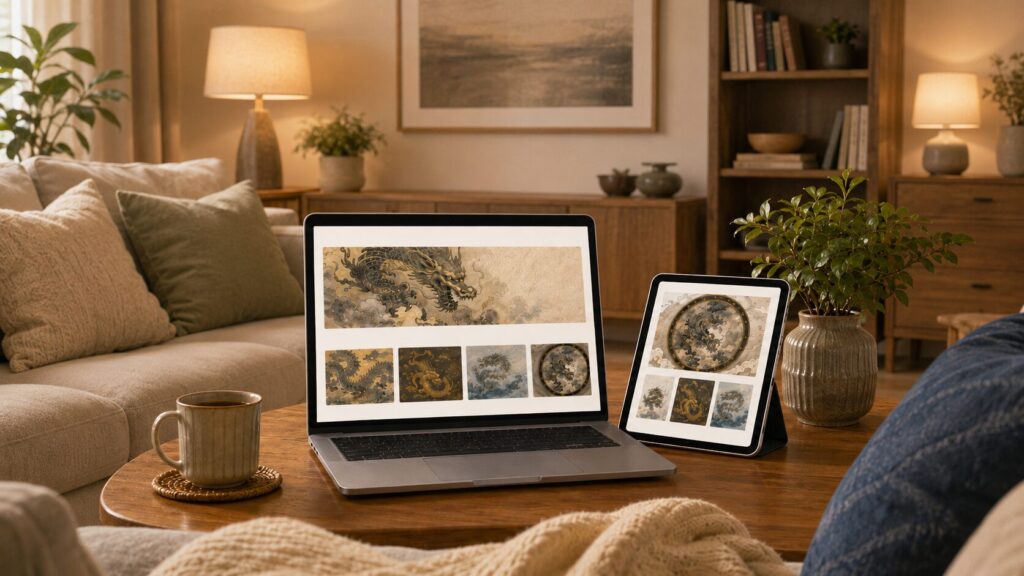 自宅のパソコンとタブレットで、国内外の美術館が公開する龍の絵をオンライン鑑賞しているイメージ。