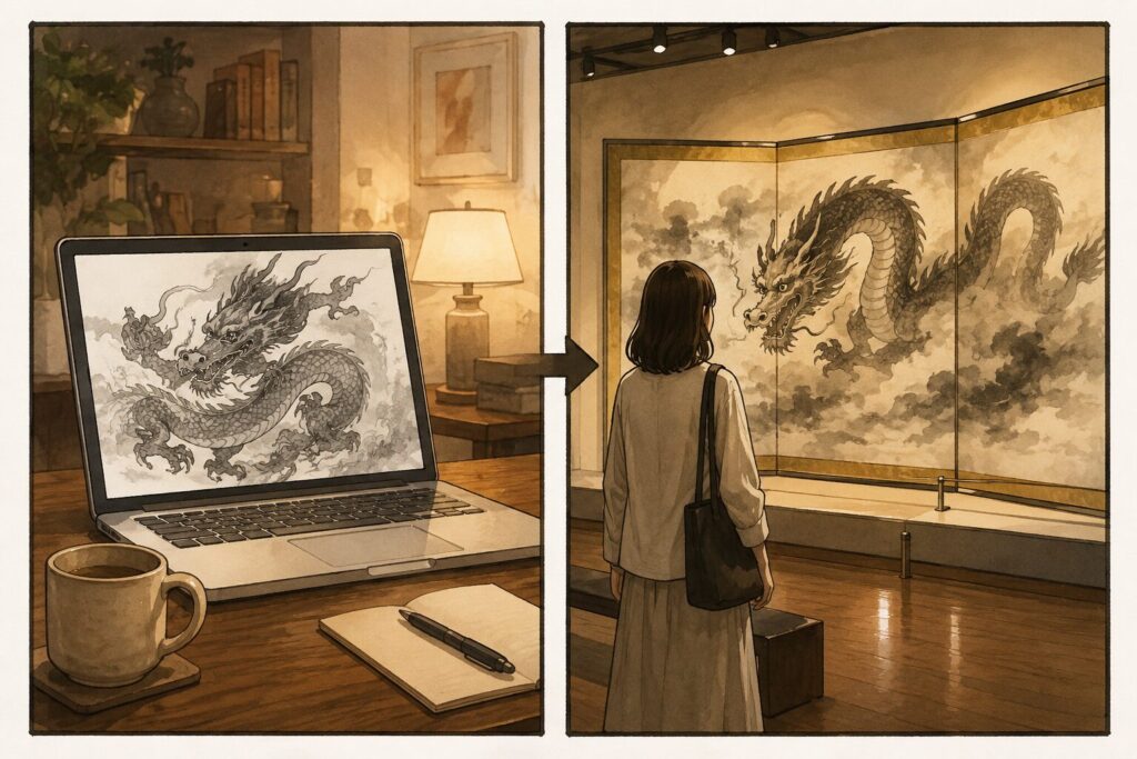 パソコンで龍の絵をオンライン鑑賞し、その後美術館で大きな龍の屏風絵を見る様子を描いたイラスト。