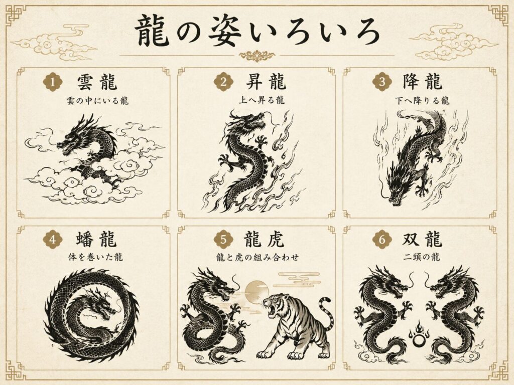 雲龍、昇龍、降龍、蟠龍、龍虎、双龍の6種類の龍の姿を、それぞれの特徴とイラストで紹介した図。