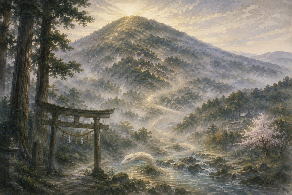 古い鳥居や杉の木、山の麓に白蛇または金色の蛇の気配