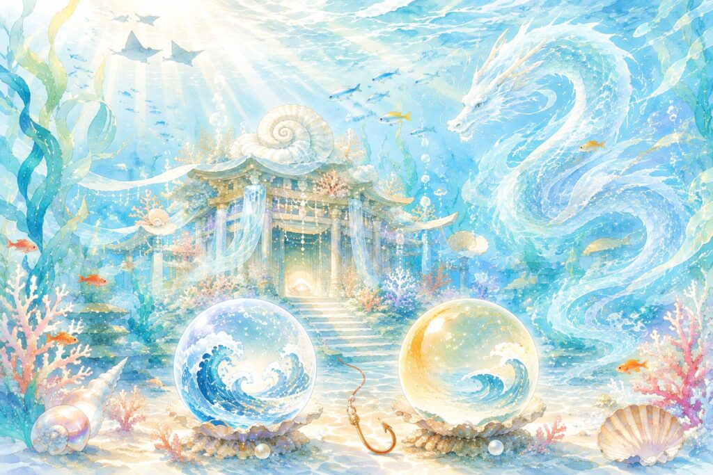 珊瑚や貝、ゆらめく海草に囲まれた神秘的な宮のそばに龍がいる。中央または手前には、潮満珠・潮乾珠を思わせる二つの宝珠。片方は満ちていく水、もう片方は引いていく水をまとっている