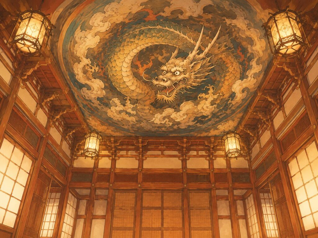 寺院の法堂の天井に描かれた大きな龍の天井画を、下から見上げるイメージイラスト。木造の堂内と灯籠のあたたかな光に囲まれ、空間全体で龍を感じられる構図。