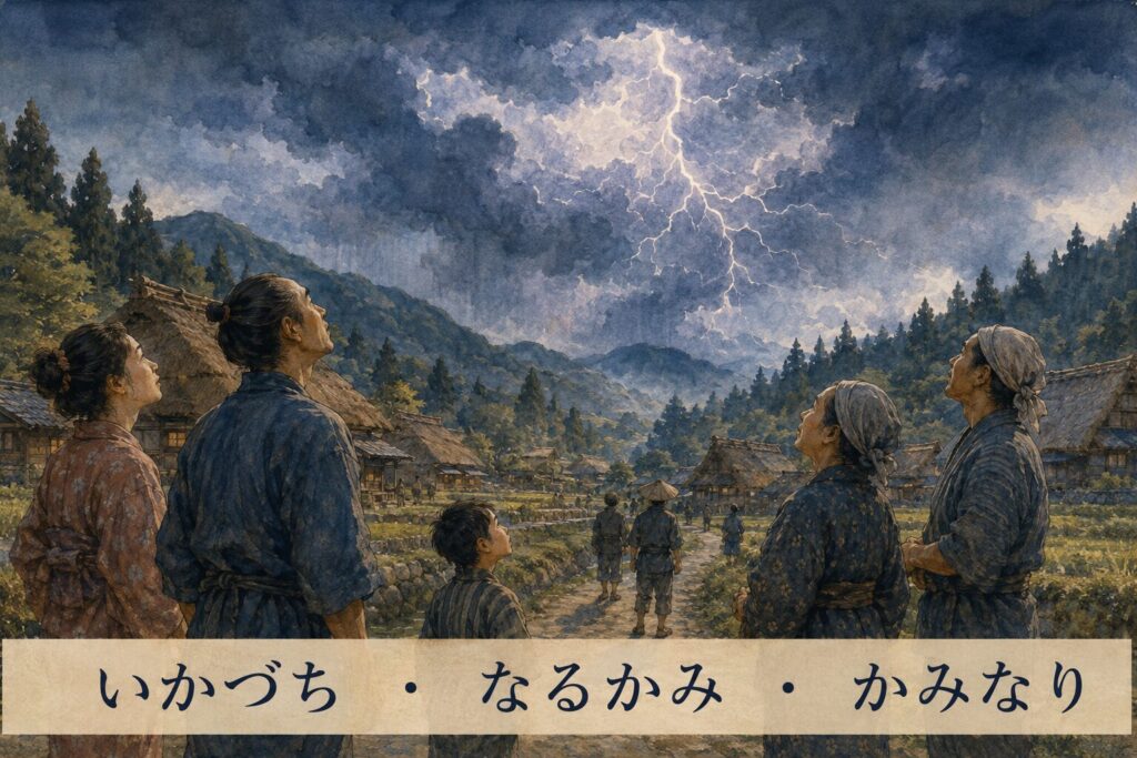 昔の日本の山里で雷鳴が響く空を見上げる人々と、いかづち・なるかみ・かみなりの言葉を描いたイメージ