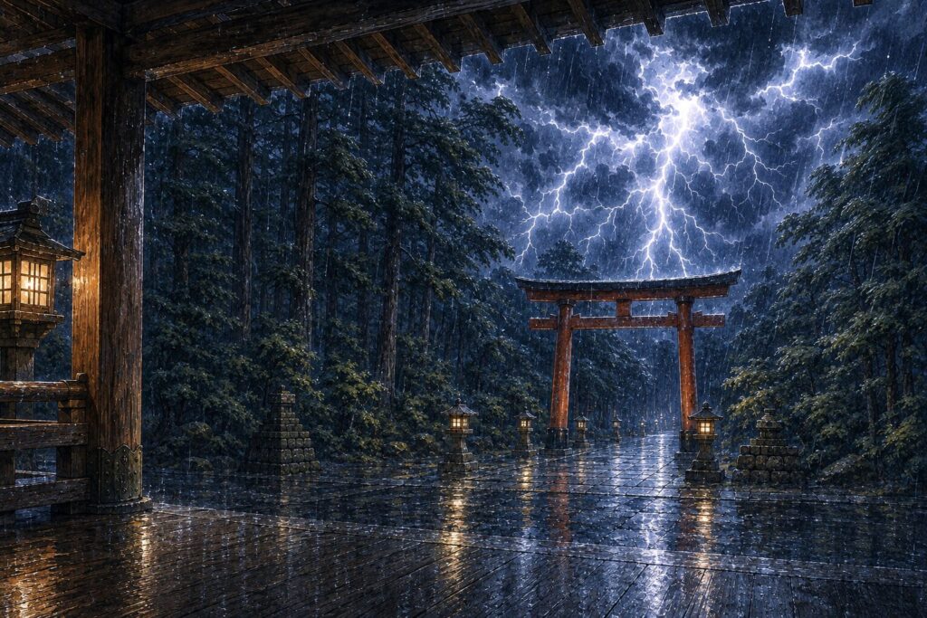 激しい雷鳴と稲妻に包まれた鳥居と鎮守の森を、神社の屋根の下から望む風景