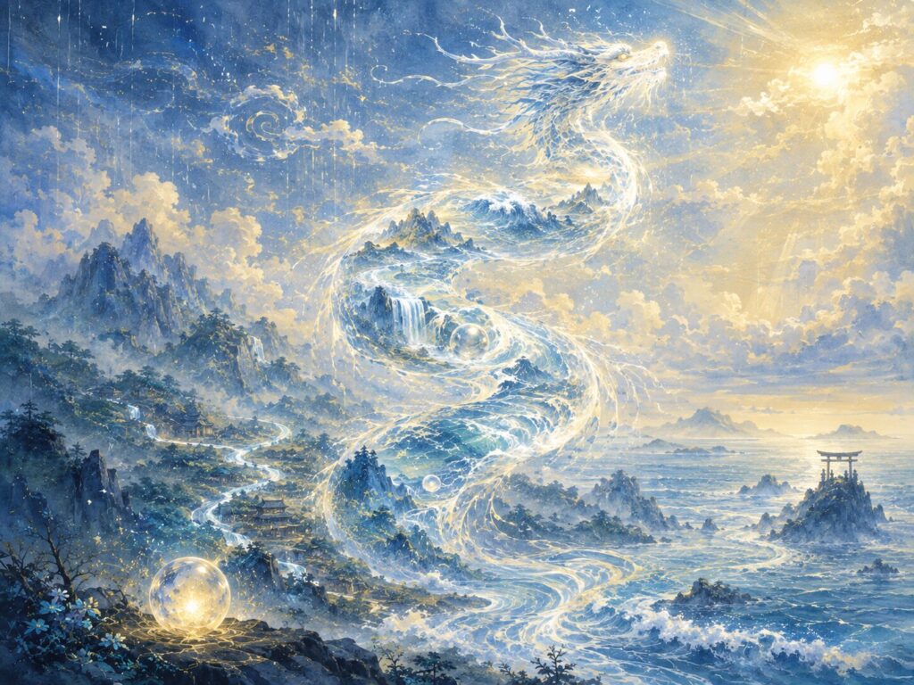 龍の身体には、これまで登場した山、波、雲、雨、宝珠などがうっすら重なっている。海を巡った水が、一頭の龍の姿となって空へ昇る画像。