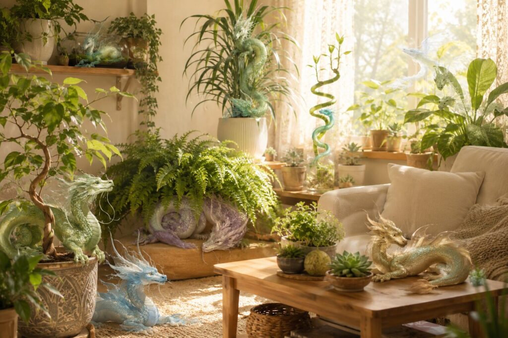 明るいリビングで、さまざまな観葉植物を帰る場所として安心して過ごし、部屋を見守る龍たち