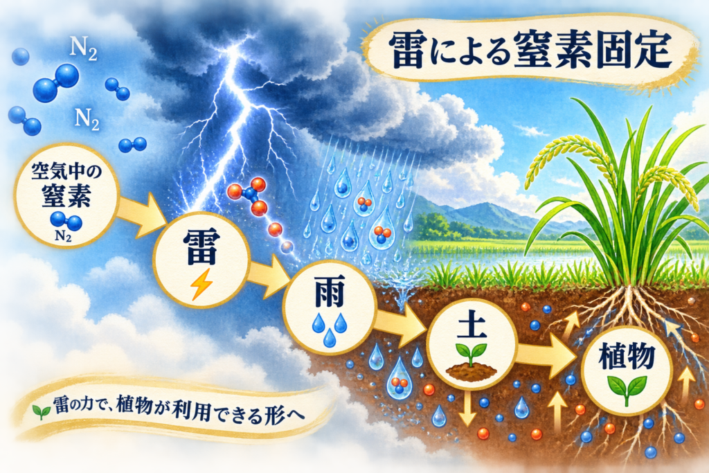 空気中の窒素が雷によって変化し、雨とともに土へ届いて植物に利用される流れの図解