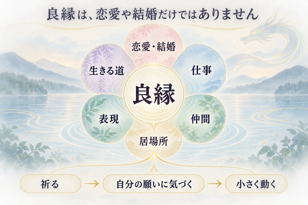 九頭龍神社のご利益である良縁・金運・商売繁盛・心願成就を表した図