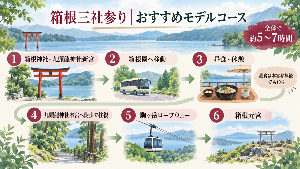 箱根神社・九頭龍神社本宮・箱根元宮を巡るおすすめモデルコース図