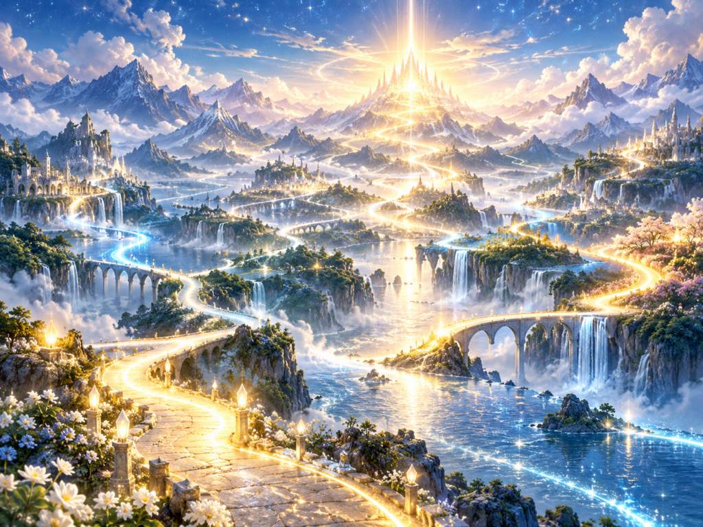 いくつもの光の道が水辺や山々を巡りながら一つの光へ向かう幻想的な風景