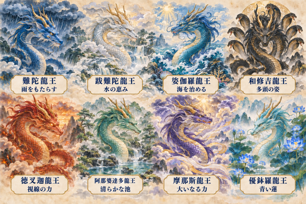 雨や海、多頭、視線の力、池、雷雲、青い蓮など、八大龍王それぞれの特徴を描き分けた図