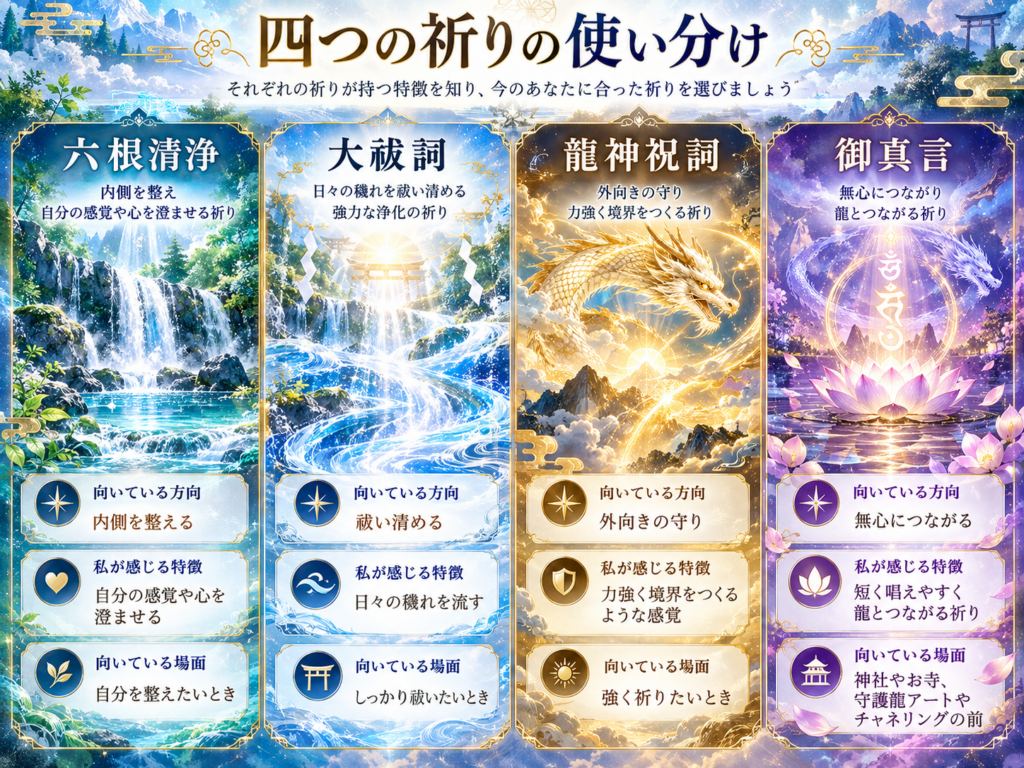 六根清浄・大祓詞・龍神祝詞・御真言の違いを比較した図