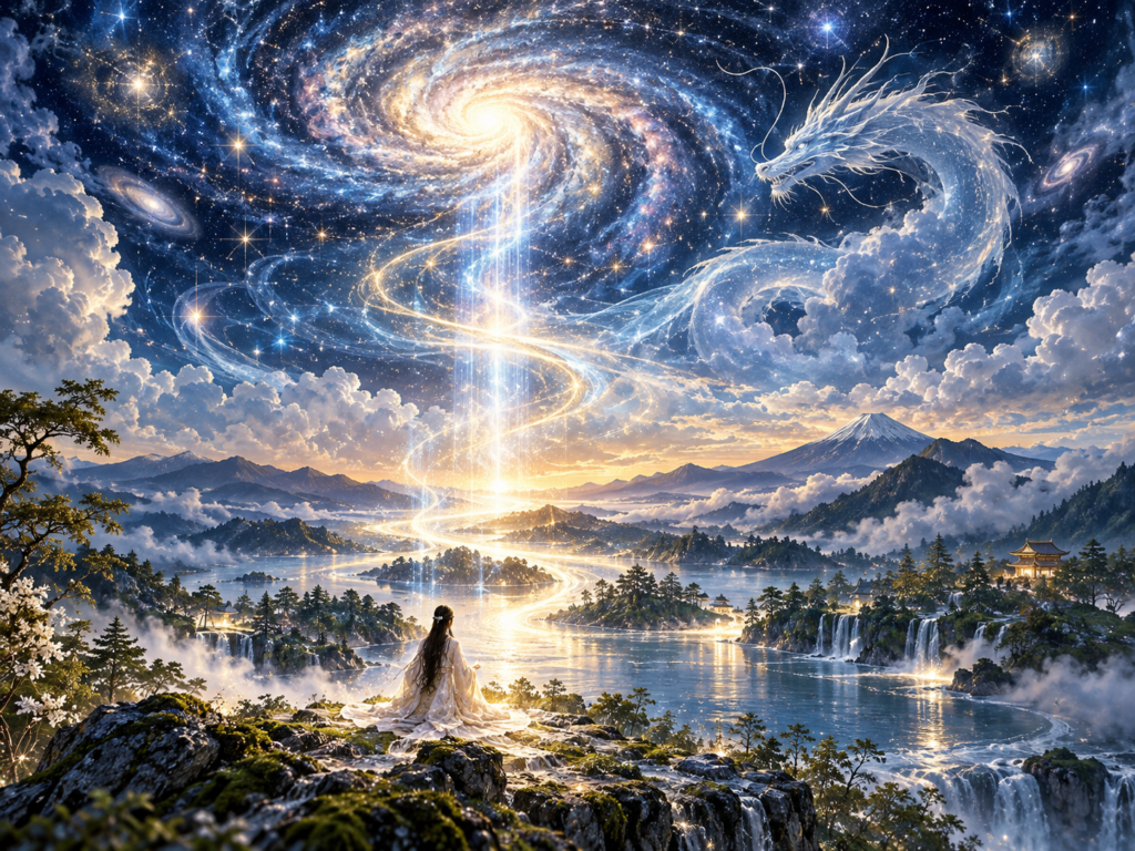 宇宙から地上へ光がつながり大きな龍と祈る人が向き合う幻想的な風景