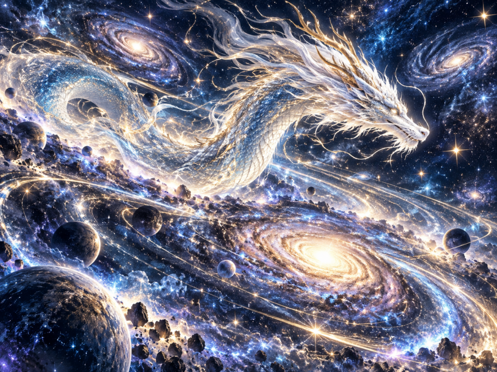 星々と銀河の中を巡る巨大な龍が宇宙の大きな流れを感じさせる風景