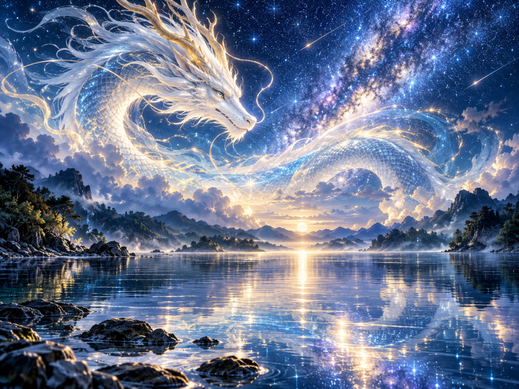 星空と静かな水辺に大きな龍神が現れる幻想的な風景