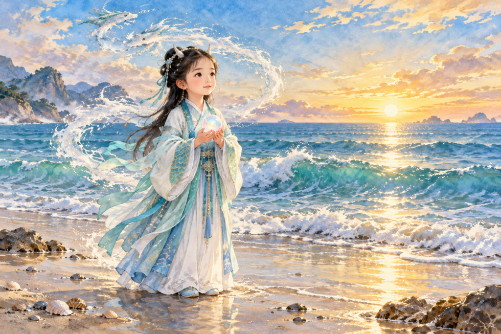 娑伽羅龍王の八歳の娘・龍女をイメージし、宝珠を手に海辺に立つ少女を描いた水彩画
