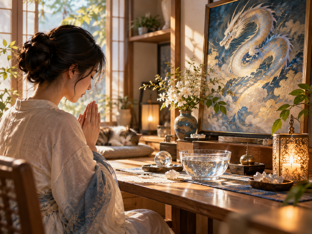 水や龍の絵をそばに置き日常の中で静かに祈る時間を表した風景