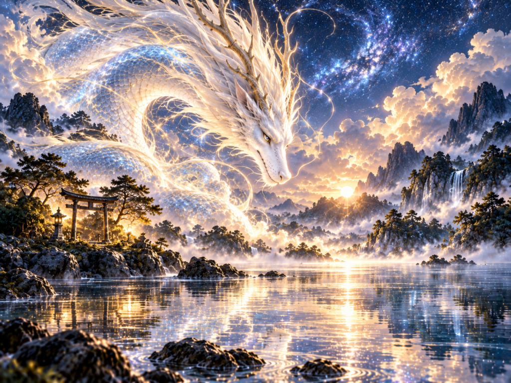 強い存在感を持ちながら穏やかに水辺を見守る龍神の幻想的な風景