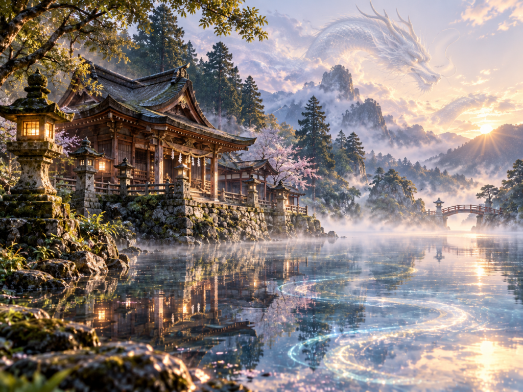 水辺の古い社寺と霧の中に龍神の気配を感じる幻想的な風景